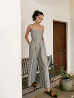 Load image into Gallery viewer, Off Shoulder Striped Pocket Maxi Jumpsuit in Grey
