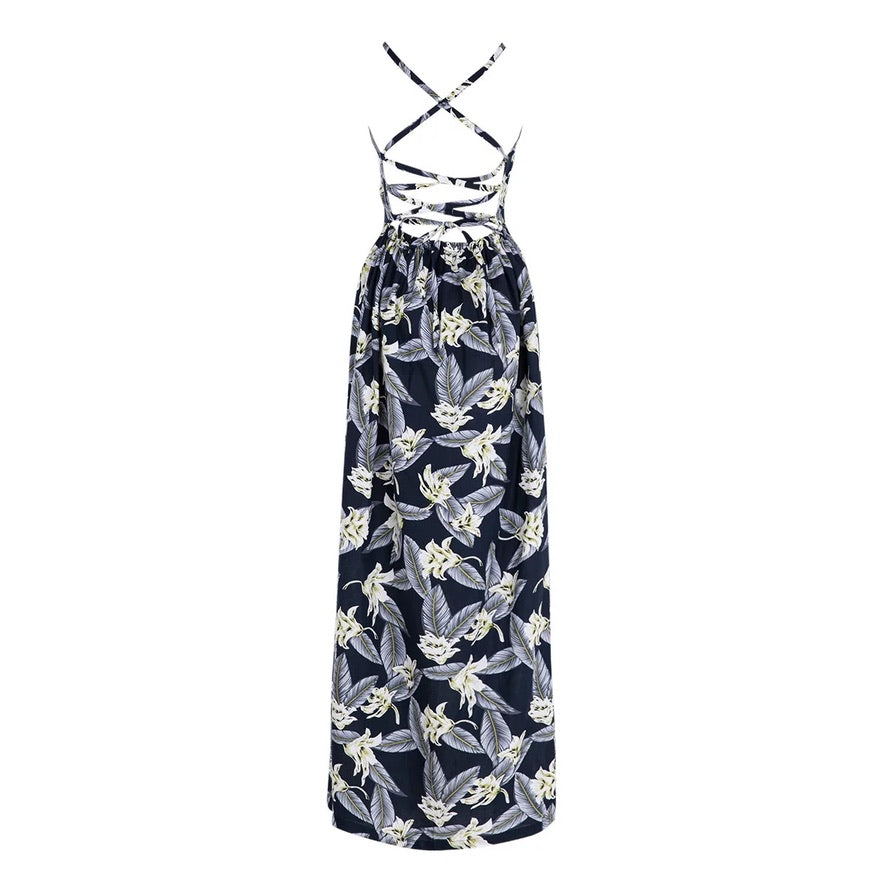 Drop Back Criss Cross Floral Dress in Navy