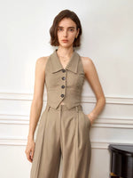 Load image into Gallery viewer, Striped Collar Button Vest in Khaki
