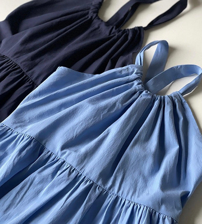 Tencel Blend Criss Cross Back Tie Maxi Dress in Blue