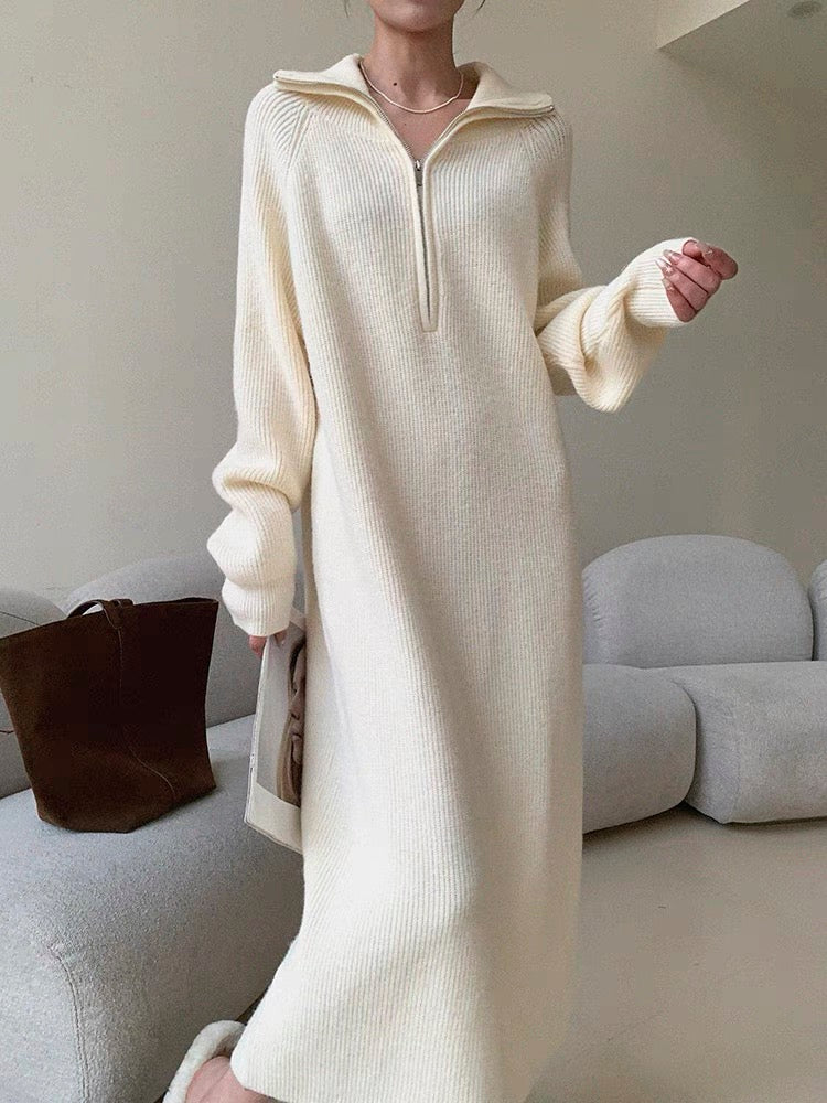 Half Zip Knitted Maxi Dress in Cream