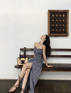 Checked Bustier Slit Maxi Dress in Black