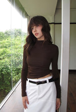 Load image into Gallery viewer, High Neck Cropped Shirring Long Sleeve Top in Brown
