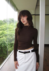 High Neck Cropped Shirring Long Sleeve Top in Brown