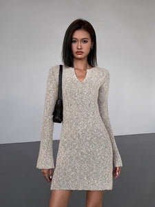 Melange Knitted Mini Dress in Greige