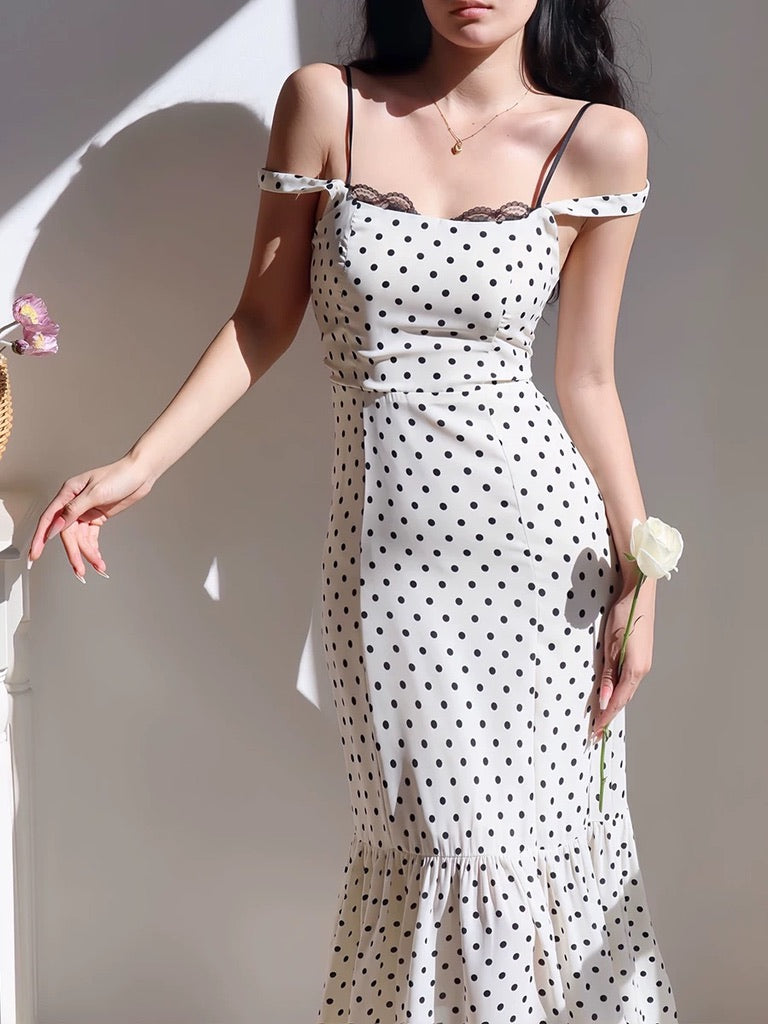 Polka Drop Shoulder Flute Hem Dress in White