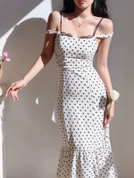 Load image into Gallery viewer, Polka Drop Shoulder Flute Hem Dress in White
