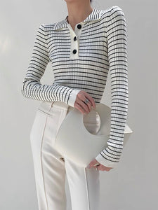Ribbed Striped Collar Top in White