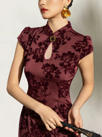 Load image into Gallery viewer, Floral Stretch Maxi Cheongsam in Red
