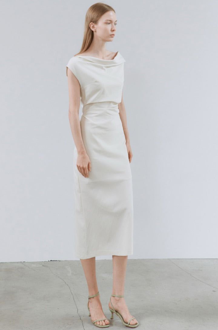 Korean Wide Shoulder Sheath Midi Dress [2 Colours]