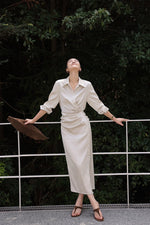 Load image into Gallery viewer, Satin Gathered Shirt Dress in Champagne
