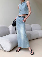 Load image into Gallery viewer, Denim Cheongsam Top + Maxi Skirt Set in Blue
