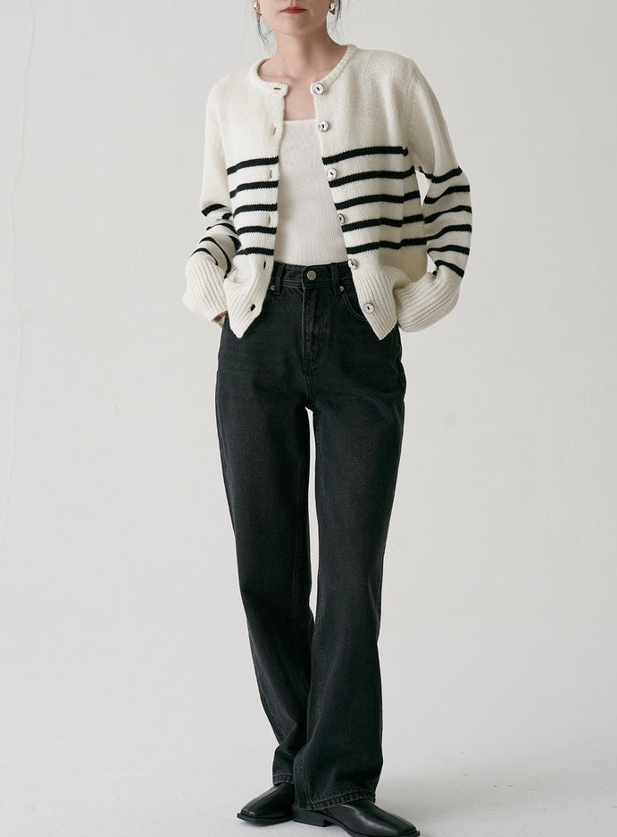 Mid Stripe Wool Cardigan in White