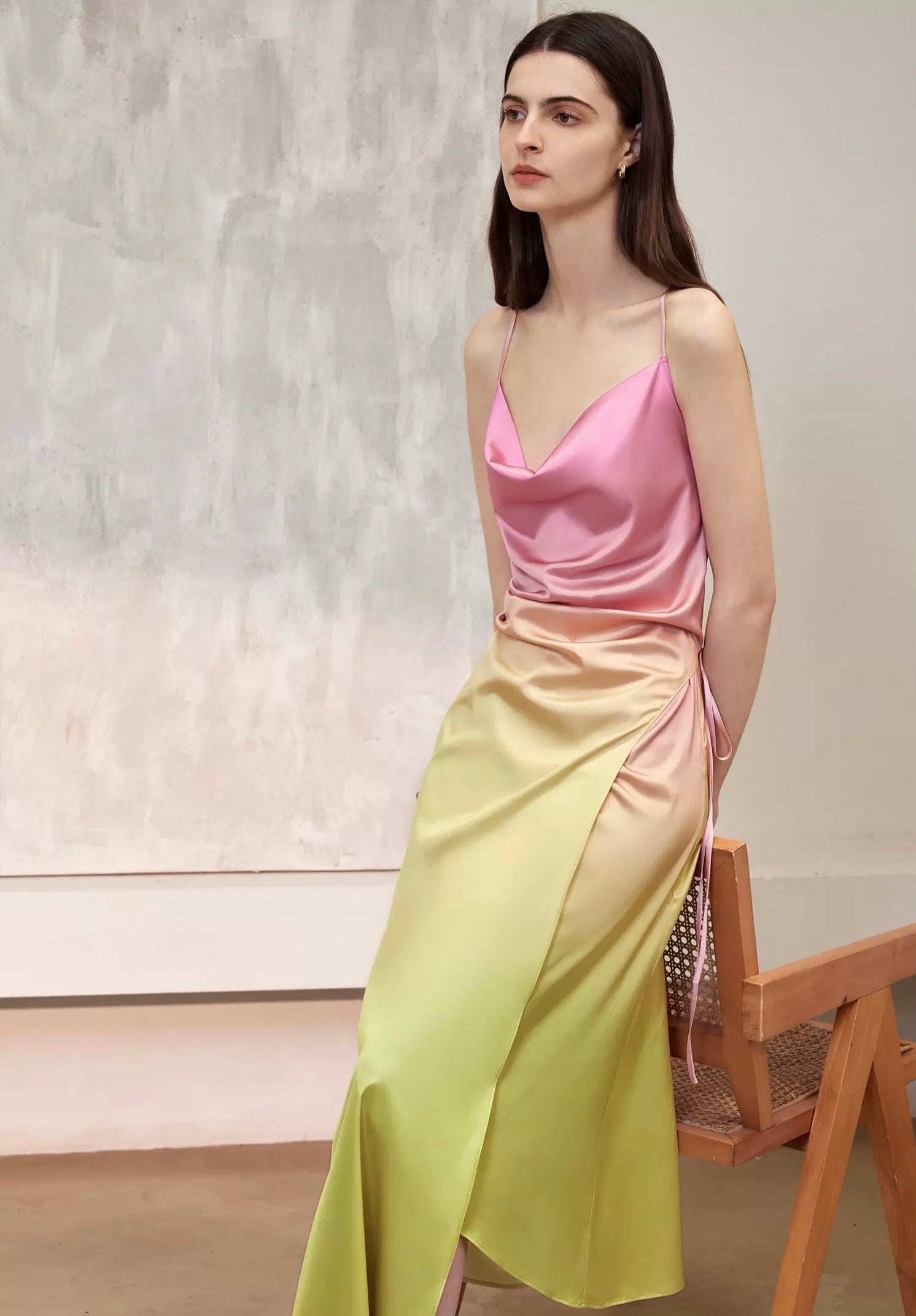 Ombre Drape Wrap Cami Dress in Pink/Yellow