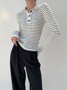 Ribbed Striped Collar Top in White