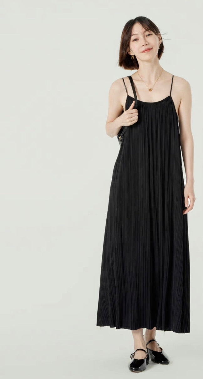 Fine Pleated Cami Maxi Dress in Black