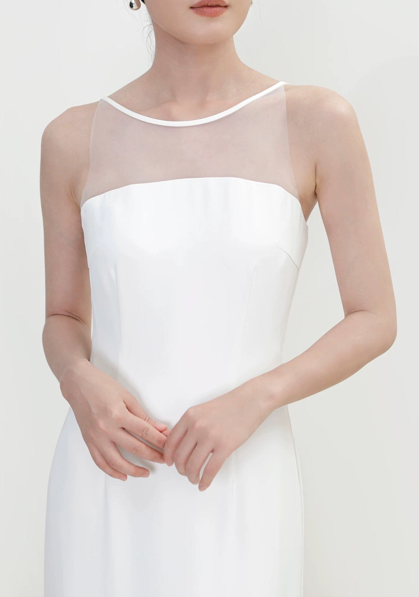 Sheer Panel Shift Gown in White