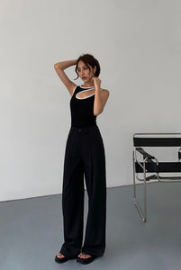 [Ready Stock] Wide Leg Relaxed Tailored Line Trousers in Black