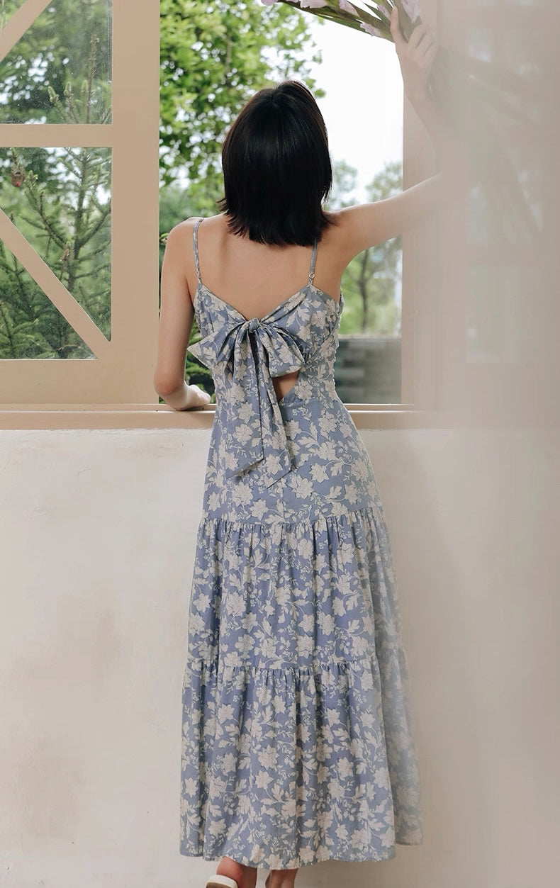 Tie Back Floral Panel Maxi Dress in Blue