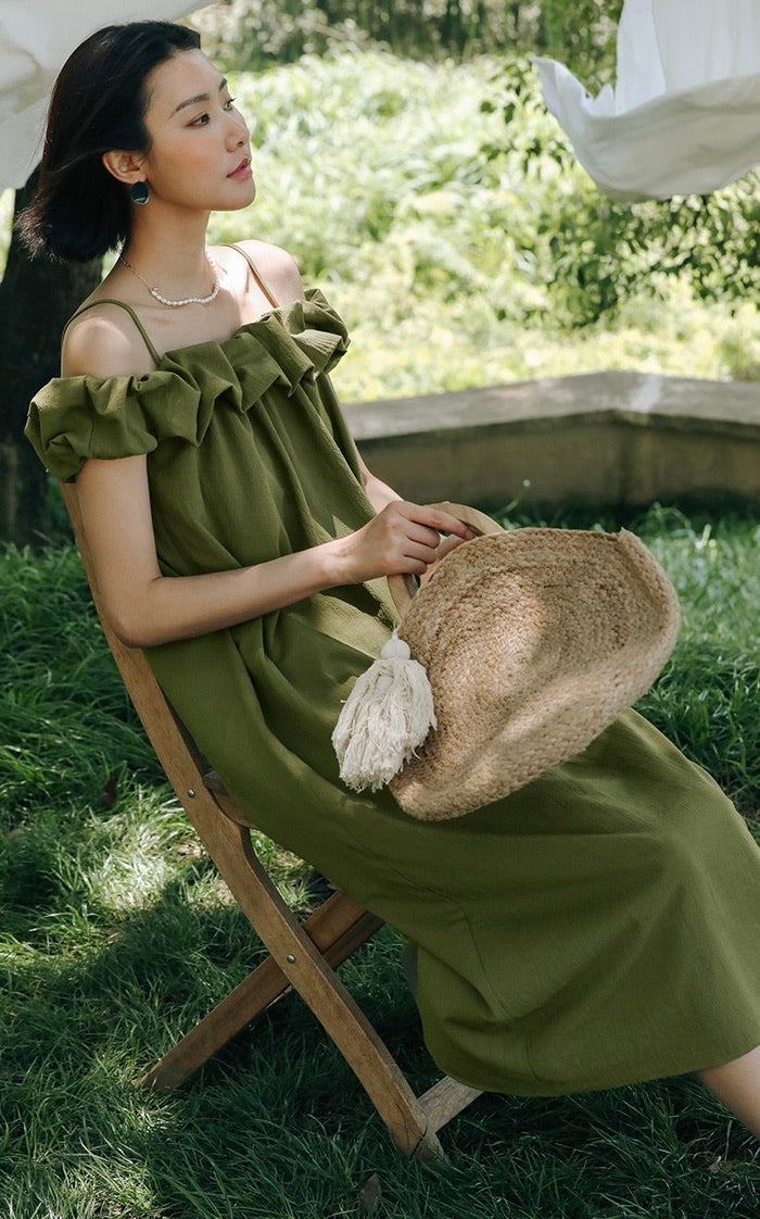 Crepe Ruffle Dress in Green