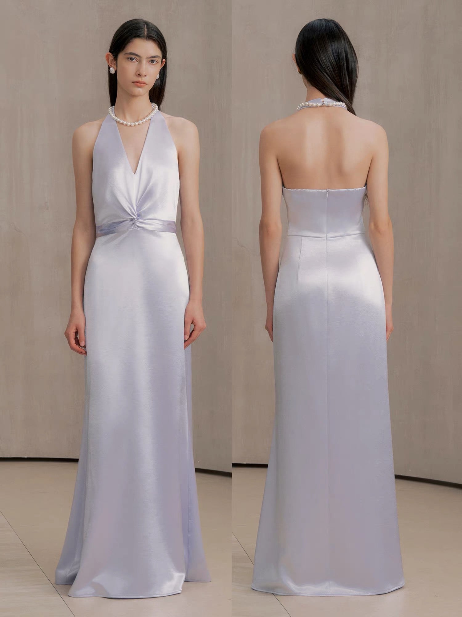 [Customizable] Satin Twist Halter Gown