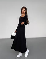 Load image into Gallery viewer, Long Sleeve Button Flare Maxi Dress in Black
