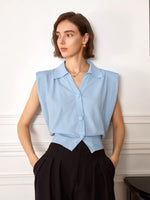 Load image into Gallery viewer, Light Knit Boxy Shoulder Button Top in Blue
