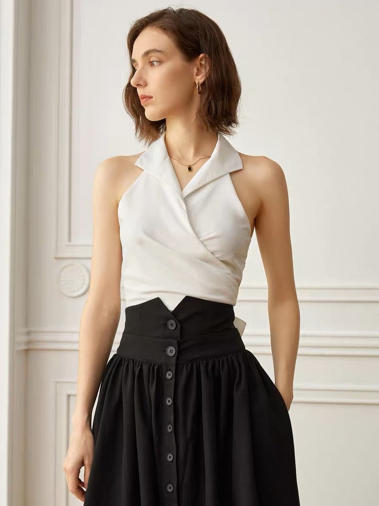 Satin Collared Wrap Tie Top in White