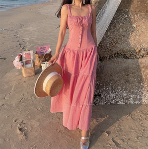 Gingham Drop Waist Maxi Dress in Red