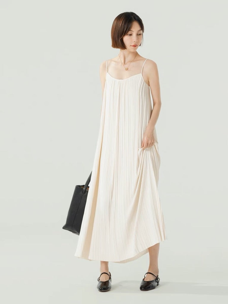 Fine Pleated Cami Maxi Dress in White LEXI + LOU Fine Pleated Cami Maxi Dress in White LEXI + LOU