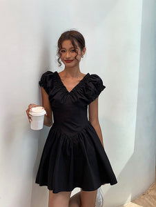 V Gathered Sleeve Mini Dress in Black