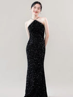 Load image into Gallery viewer, Sequin Halter Slit Maxi Dress in Black
