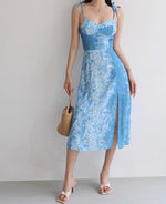 Load image into Gallery viewer, Alps Printed Slit Tie Strap Dress in Blue
