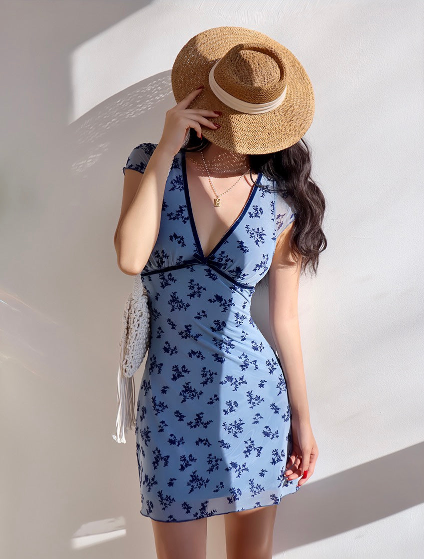 Floral Cap Sleeve Mini Dress in Blue