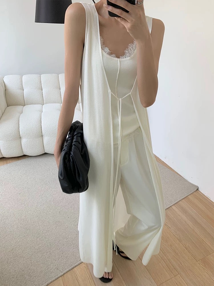 Light Knit Sleeveless Maxi Tie Cardigan in Cream