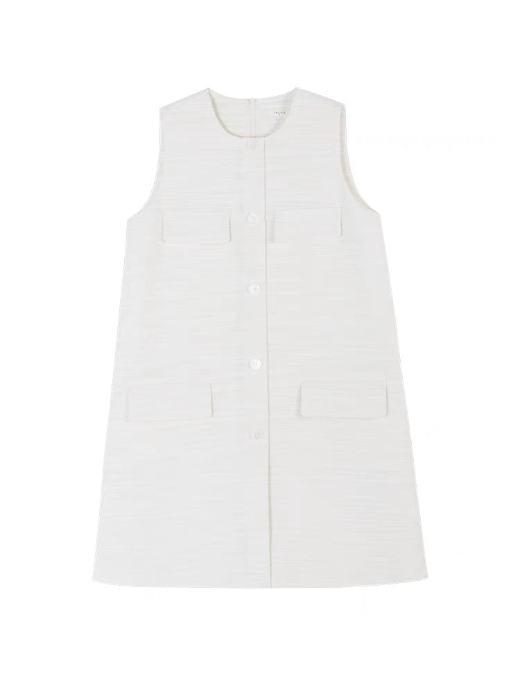 Textured Button Shift Dress in White