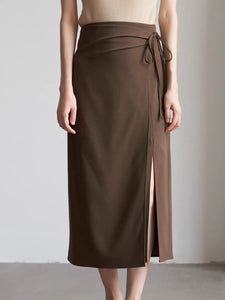 Midi Wrap Tie Slit Skirt in Brown