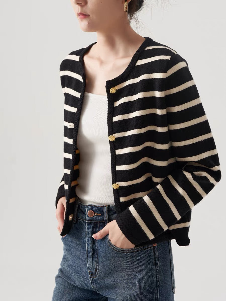 Wool Blend Striped Cardigan in Black/Cream