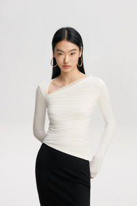 Asymmetric Neckline Tulle Shirring Top [2 Colours]