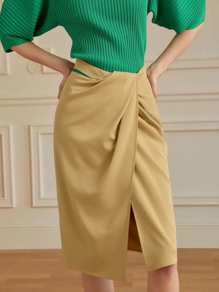 Tencel High Waist Wrap Skirt in Khaki