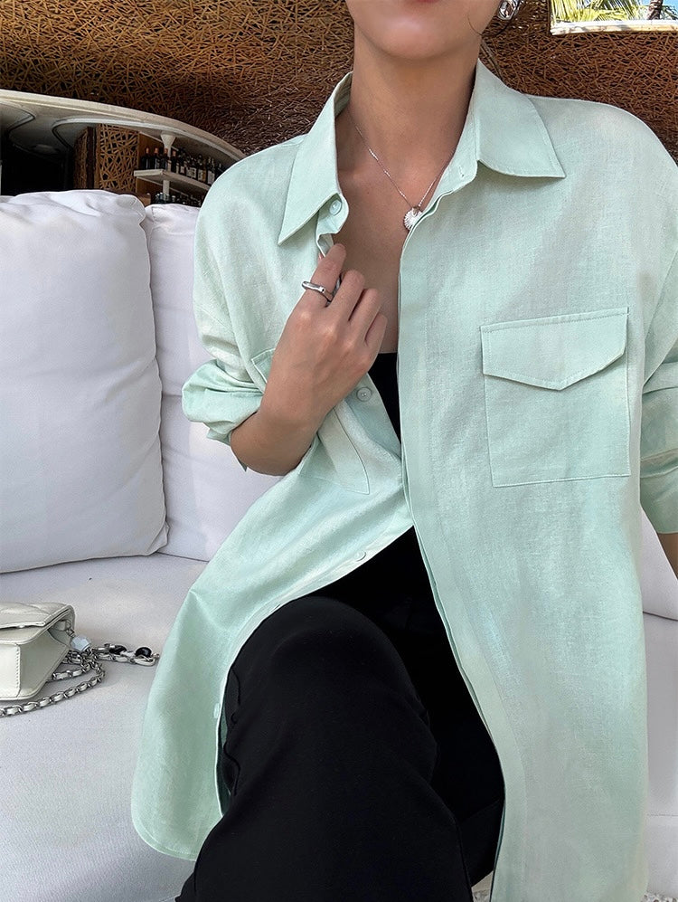 Linen Blend Double Pocket Shirt in Green