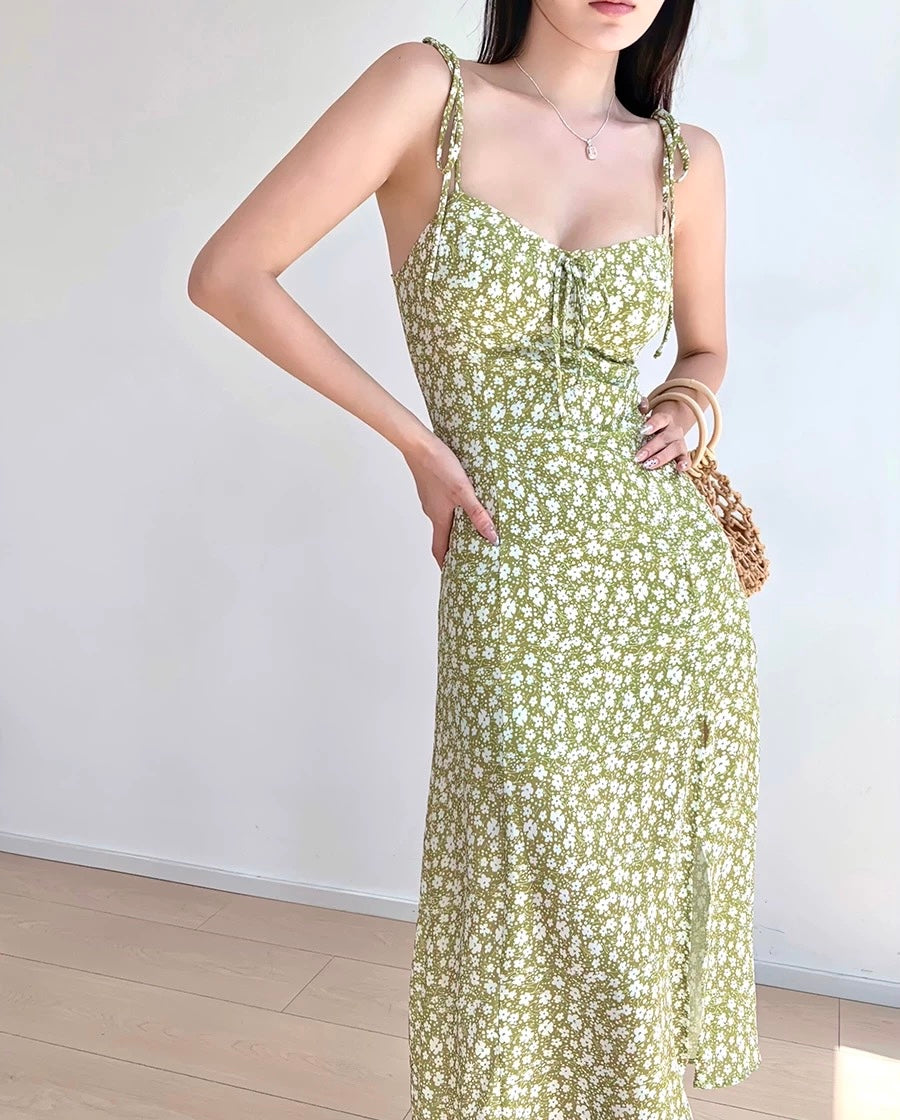 Arcalia Floral Tie Strap Slit Dress in Green