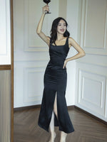 Load image into Gallery viewer, Satin Sleeveless Flare Slit Dress in Black
