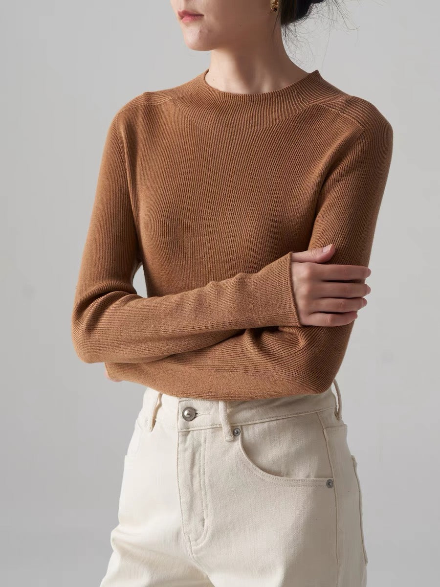 Wool Ribbed Sweater Top in Brown