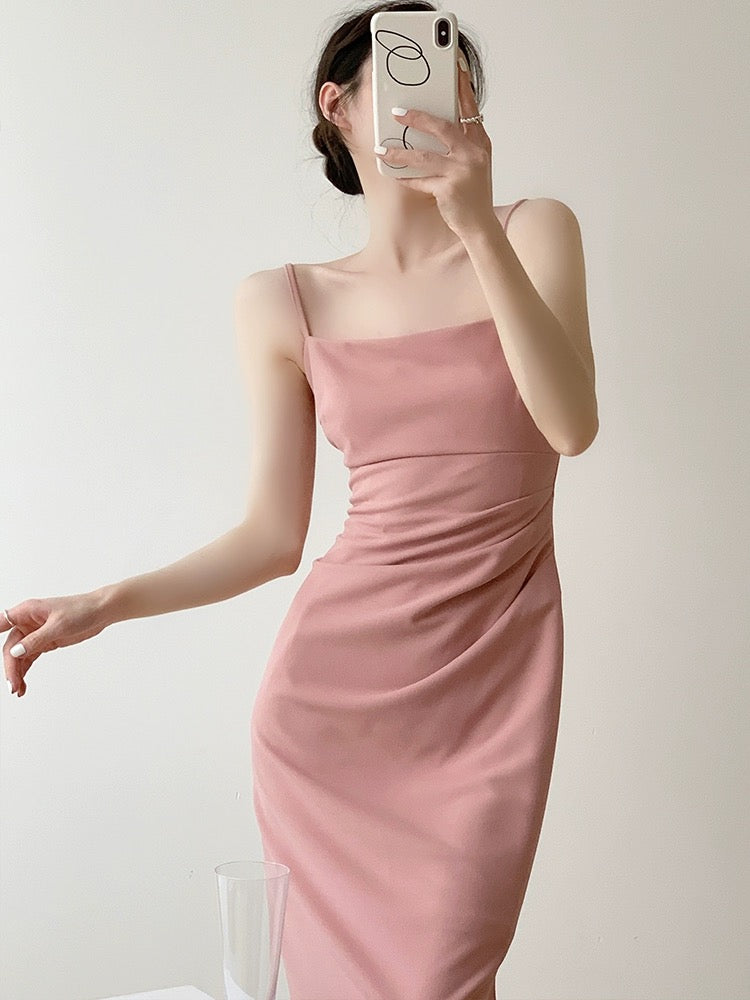 Gathered Cami Slit Dress in Pink