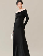 Load image into Gallery viewer, Off Shoulder Rose Flare Maxi Dress in Black
