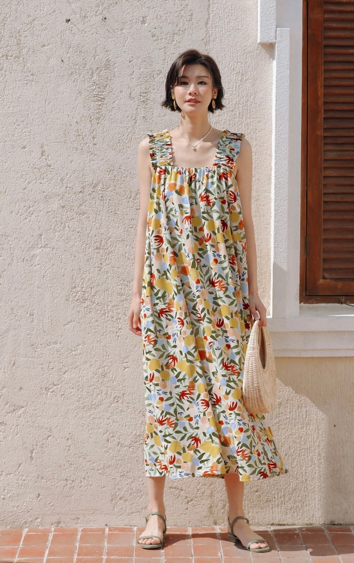 Floral Gathered Strap Maxi Dress in Multi