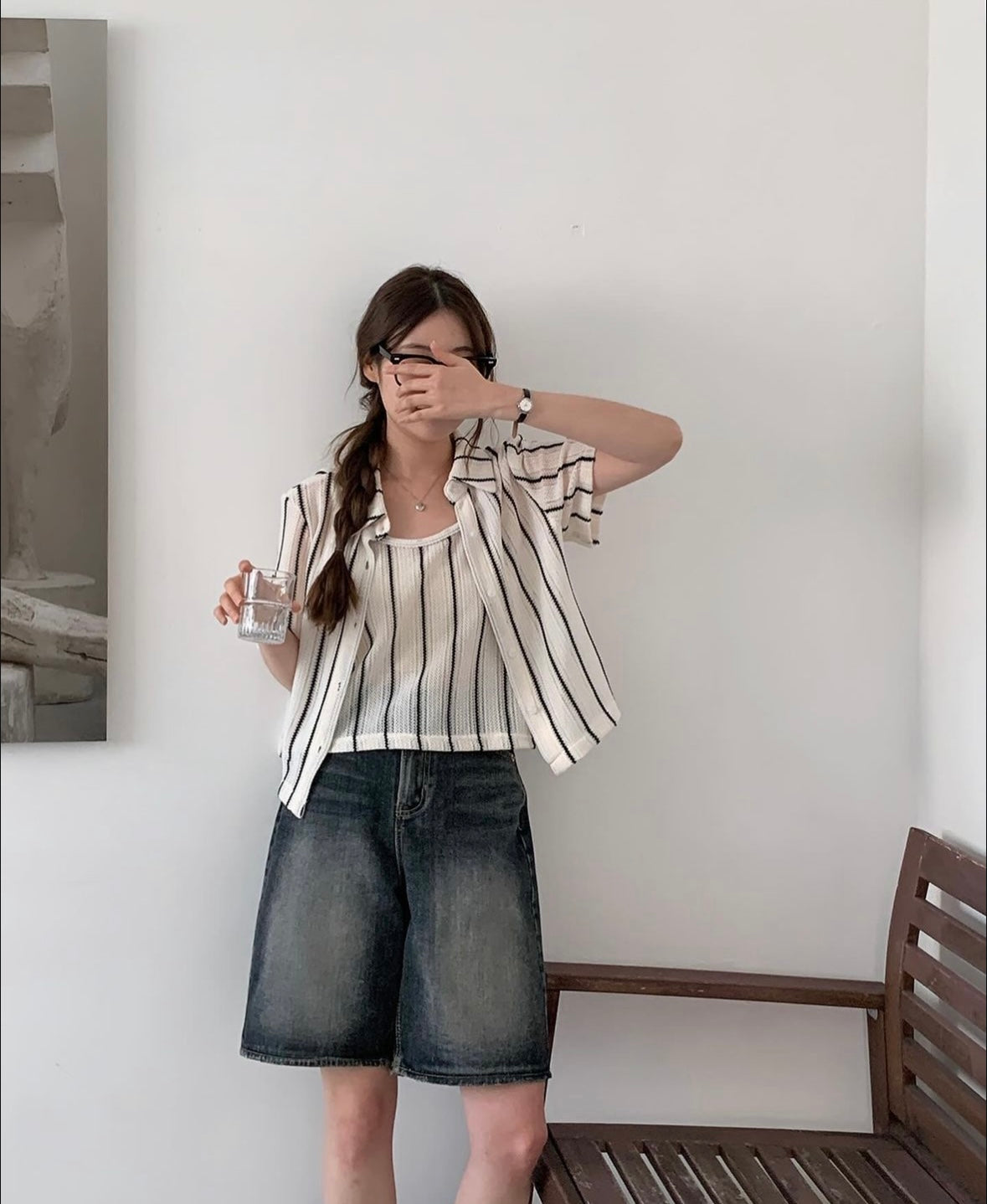 Korean Striped Cami + Shirt Set in Cream/Black