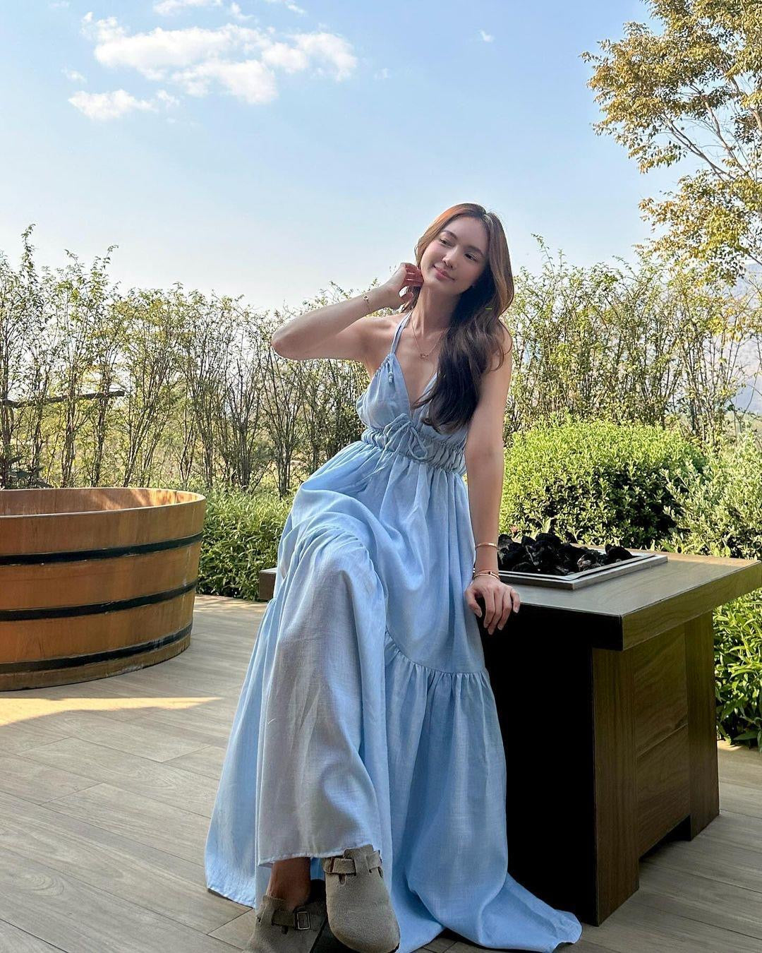 Linen Blend Tie Back Halter Maxi Dress in Blue LEXI + LOU Linen Blend Tie Back Halter Maxi Dress in Blue LEXI + LOU