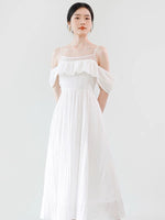 Load image into Gallery viewer, Crepe Off Shoulder Sleeve Pocket Dress in White
